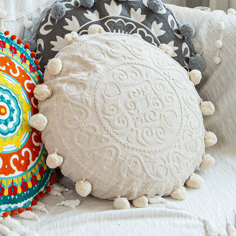 Boho Hand-embroidered Round Pillow Cover