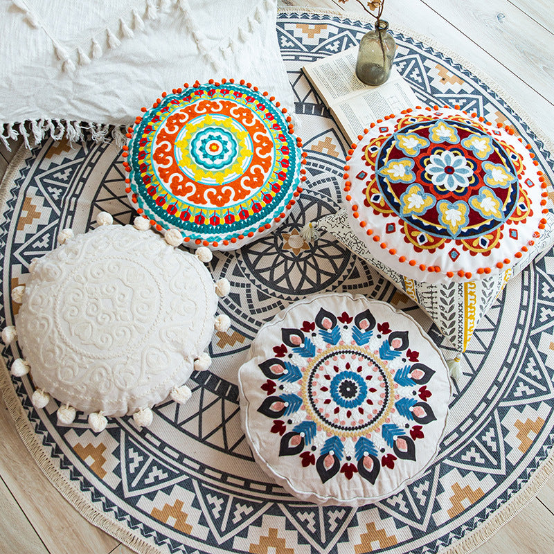 Boho Hand-embroidered Round Pillow Cover