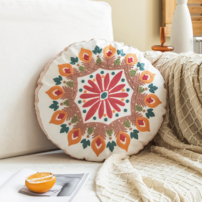 Boho Hand-embroidered Round Pillow Cover