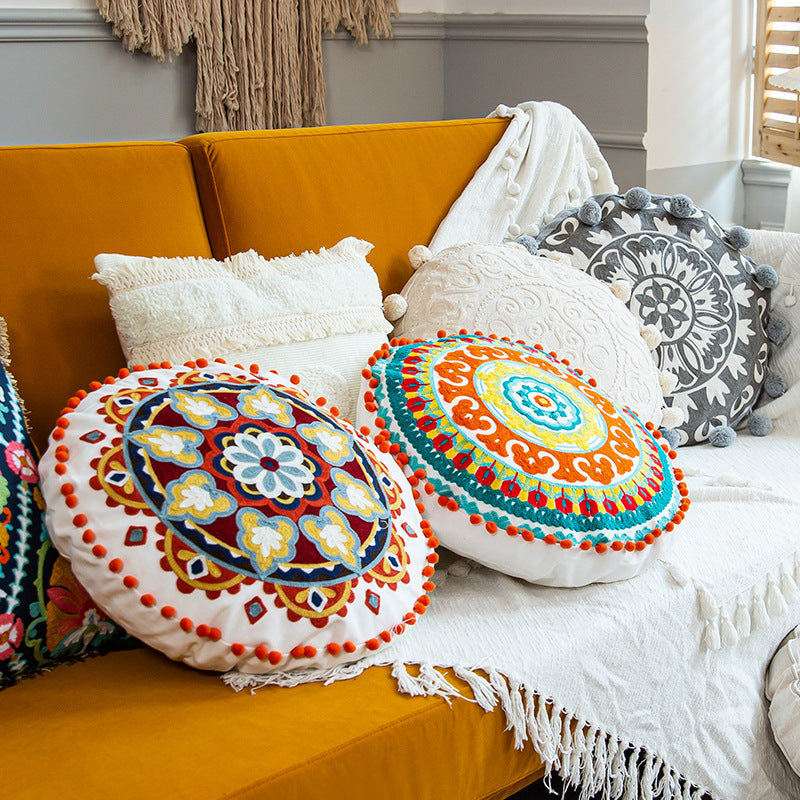 Boho Hand-embroidered Round Pillow Cover