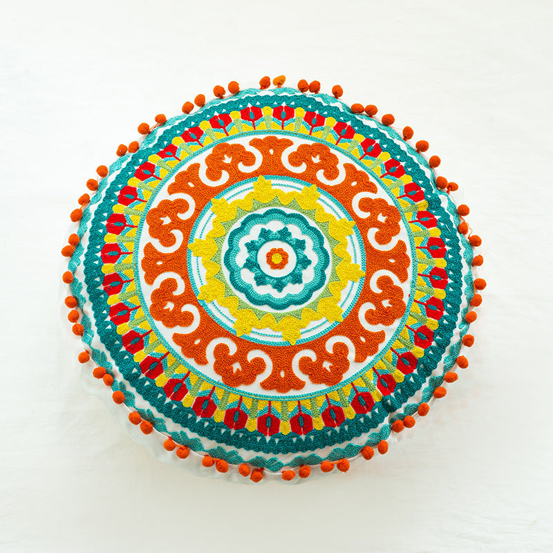 Boho Hand-embroidered Round Pillow Cover