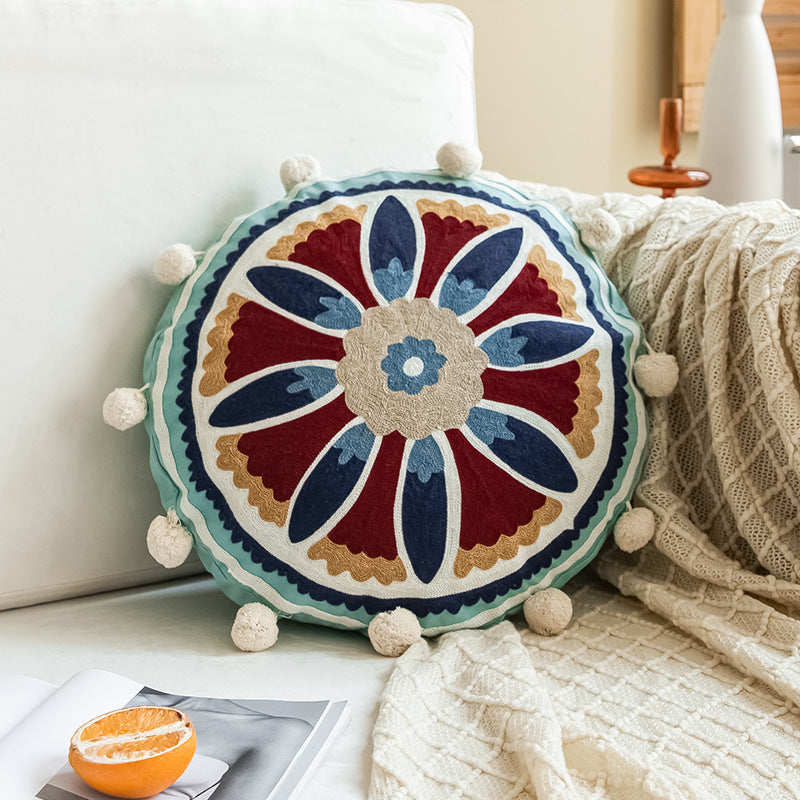 Boho Hand-embroidered Round Pillow Cover