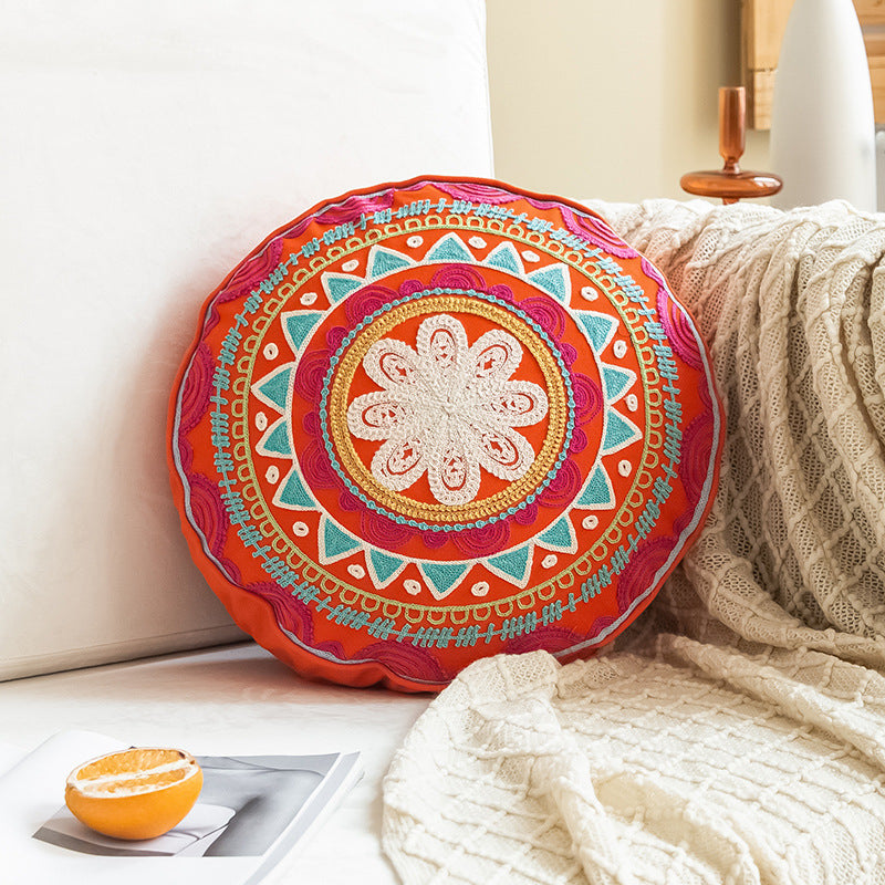 Boho Hand-embroidered Round Pillow Cover